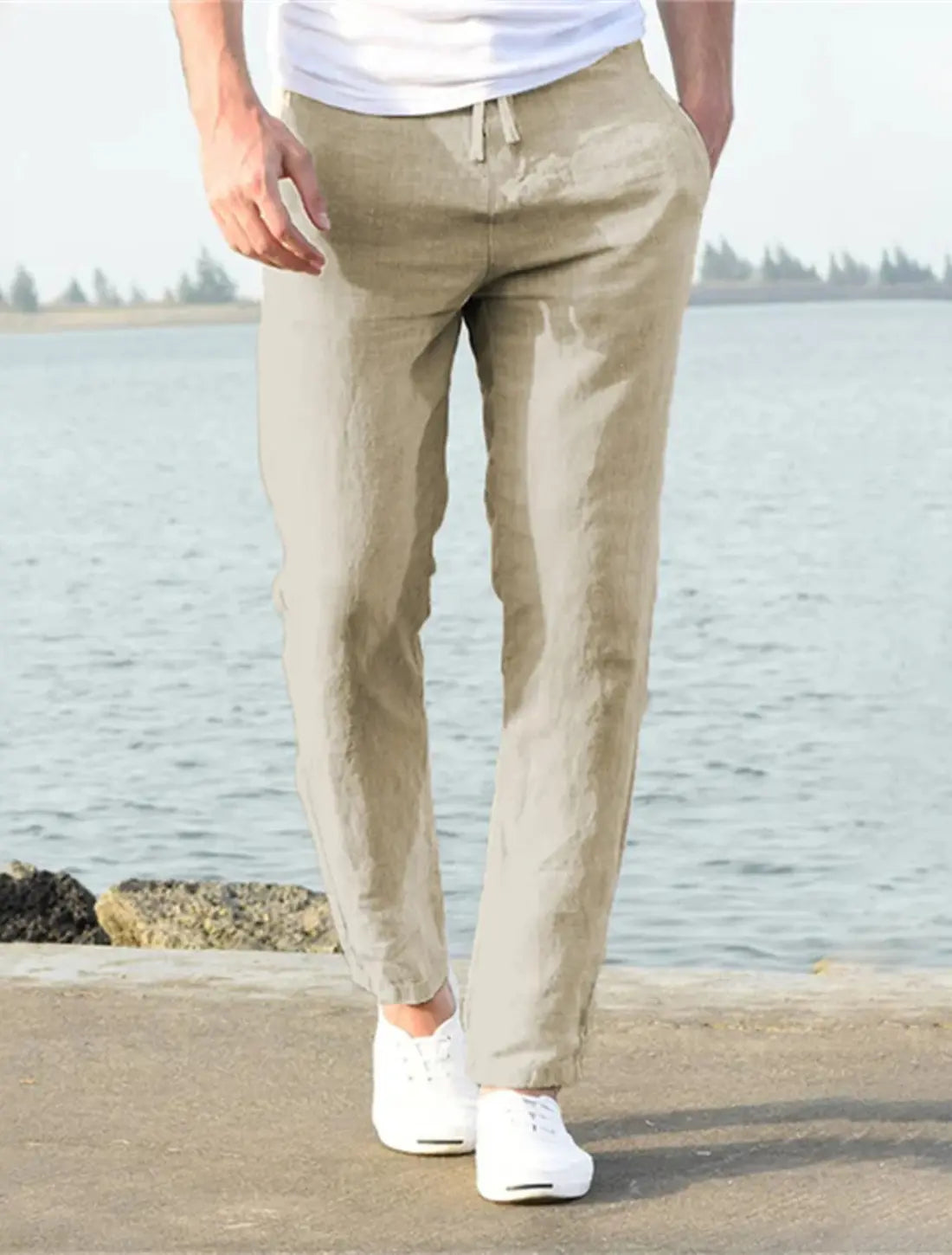 Heren Zomerbroek Katoen Linnen, Lichtgewicht Ademende Broek, Slank Fit Vrijetijdskleding | VIQA VIQA© NEDERLANDKaki-2XL