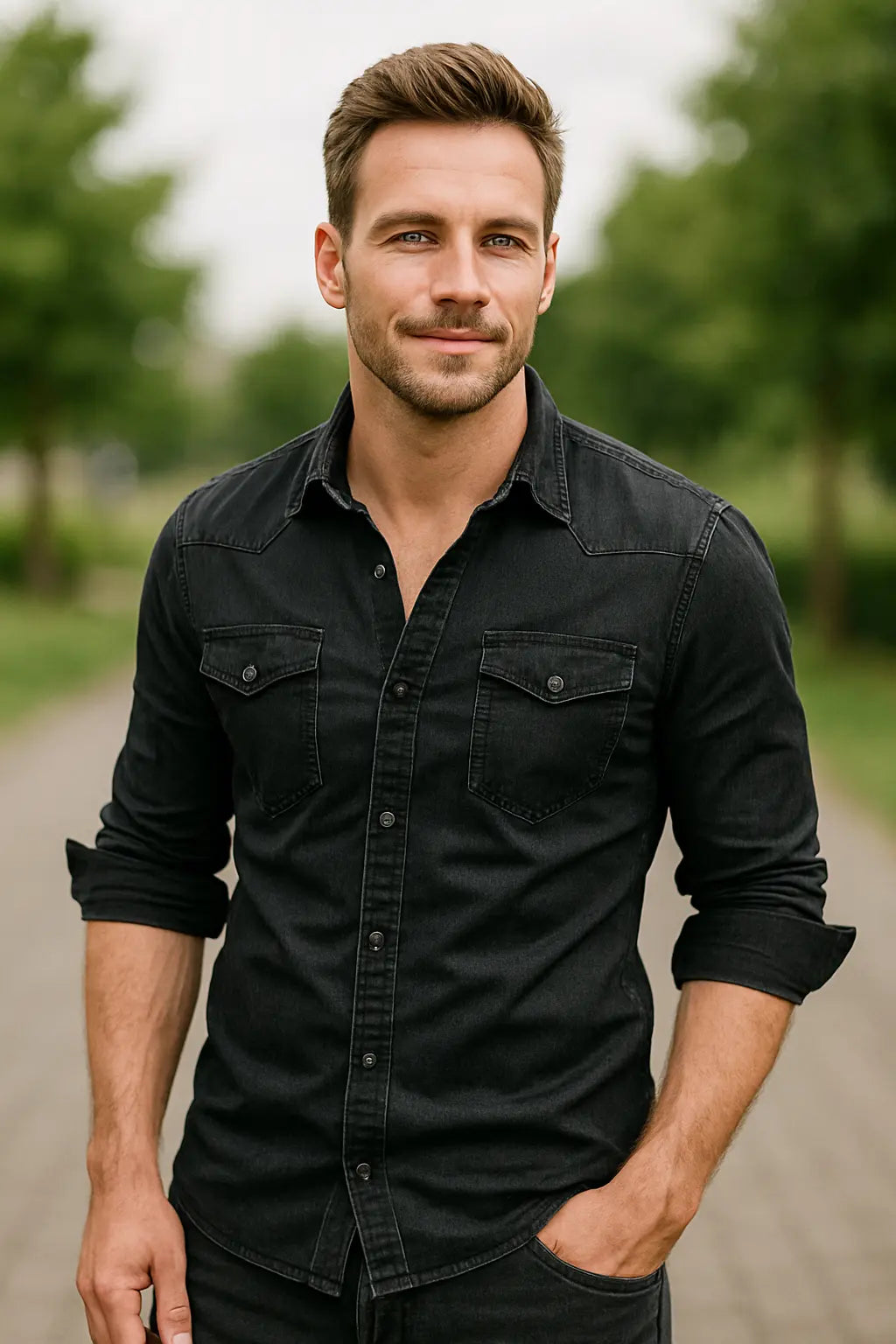 Heren Denim Shirt, Slim Fit Lange Mouw Top, Vrijetijdskleding Met Zakken | VIQA VIQA© NEDERLANDDonkergrijs / 2XL