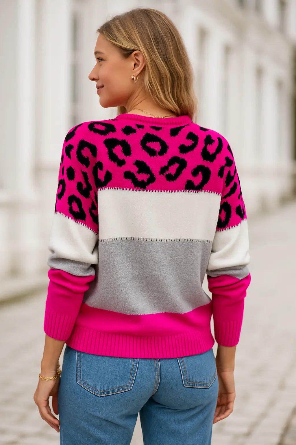 Dames Gebreide Trui, Kleur Blok Luipaard Print, Ronde Hals Lange Mouwen Casual Top | VIQA VIQA© NEDERLAND
