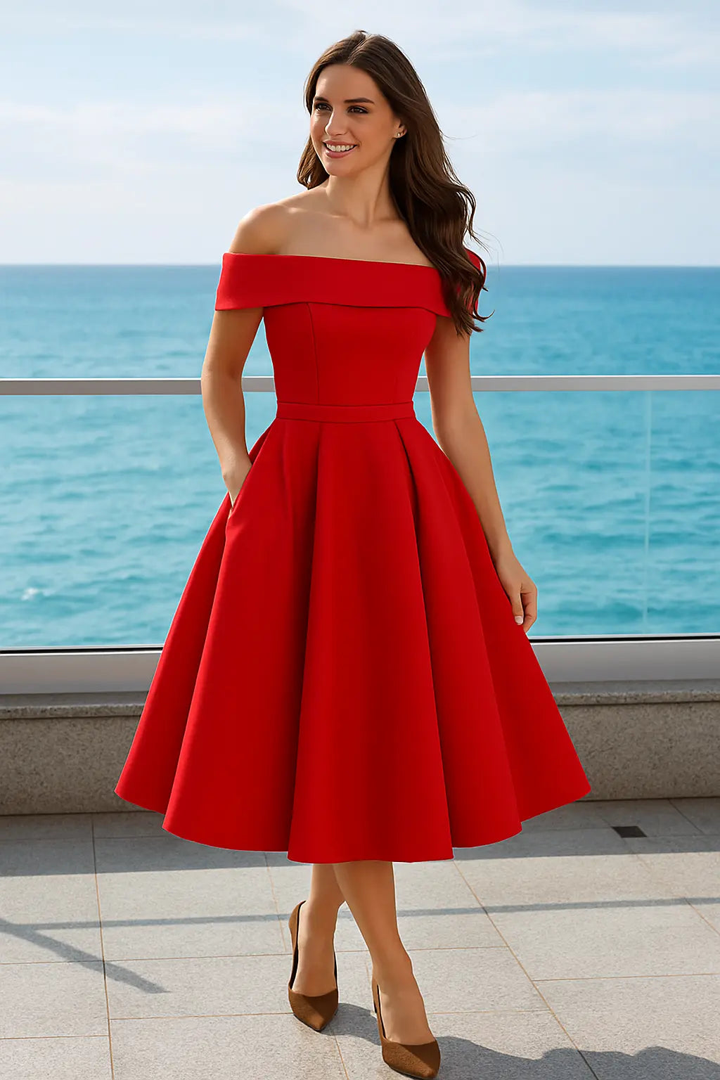 Dames Off-Shouder Satijn Gala Jurk, Maxi Jurk Met Zakken En Kant Op De Rug | VIQA VIQA© NEDERLAND