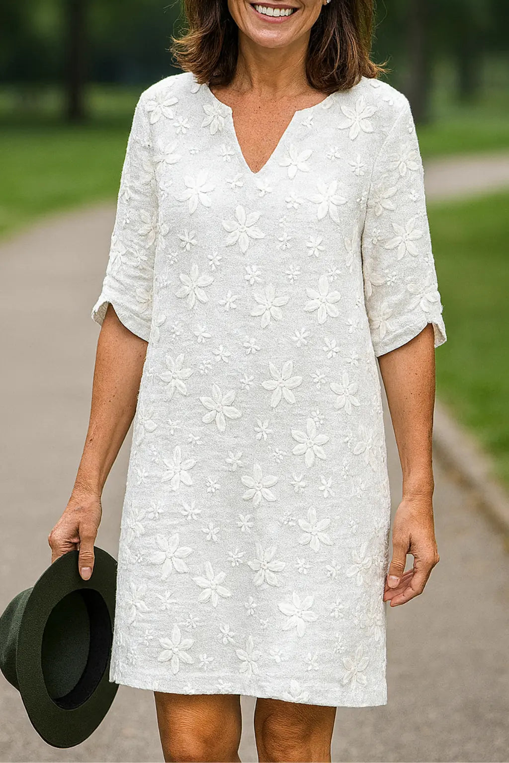 Dames Zomerjurk, Geborduurde Midi Met V-Hals En Halve Mouwen, Casual Losse Pasvorm Trui | VIQA VIQA© NEDERLANDWit / 2XL