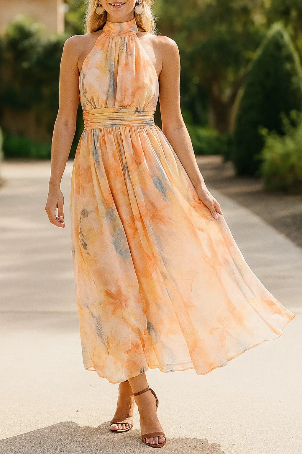 Dames Mouwloze Maxi Zomerjurk, Elegante Gedrukte Rugloze Vakantie Stijl, Sexy V-Hals Mode | VIQA VIQA© NEDERLANDOranje / 2XL