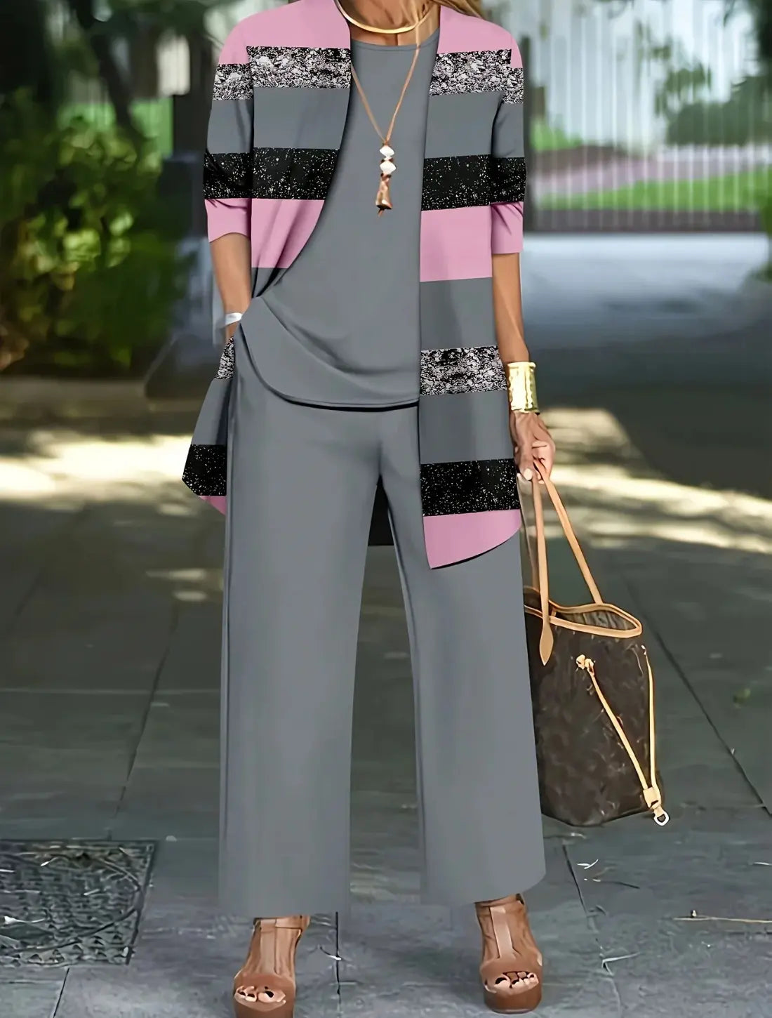 Dames Luxe Driedelige Jumpsuit VIQA© NEDERLANDGrijs-Roze-2XL