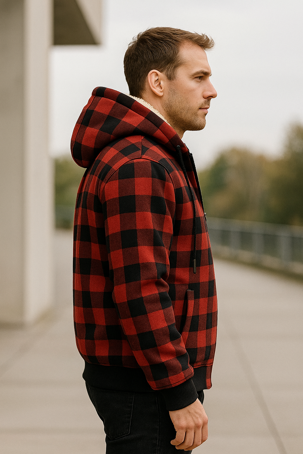 Herenvest met capuchon van lamswol, geruit fleece Zip-Up winters warm jack bovenkleding VIQA VIQA© NEDERLAND