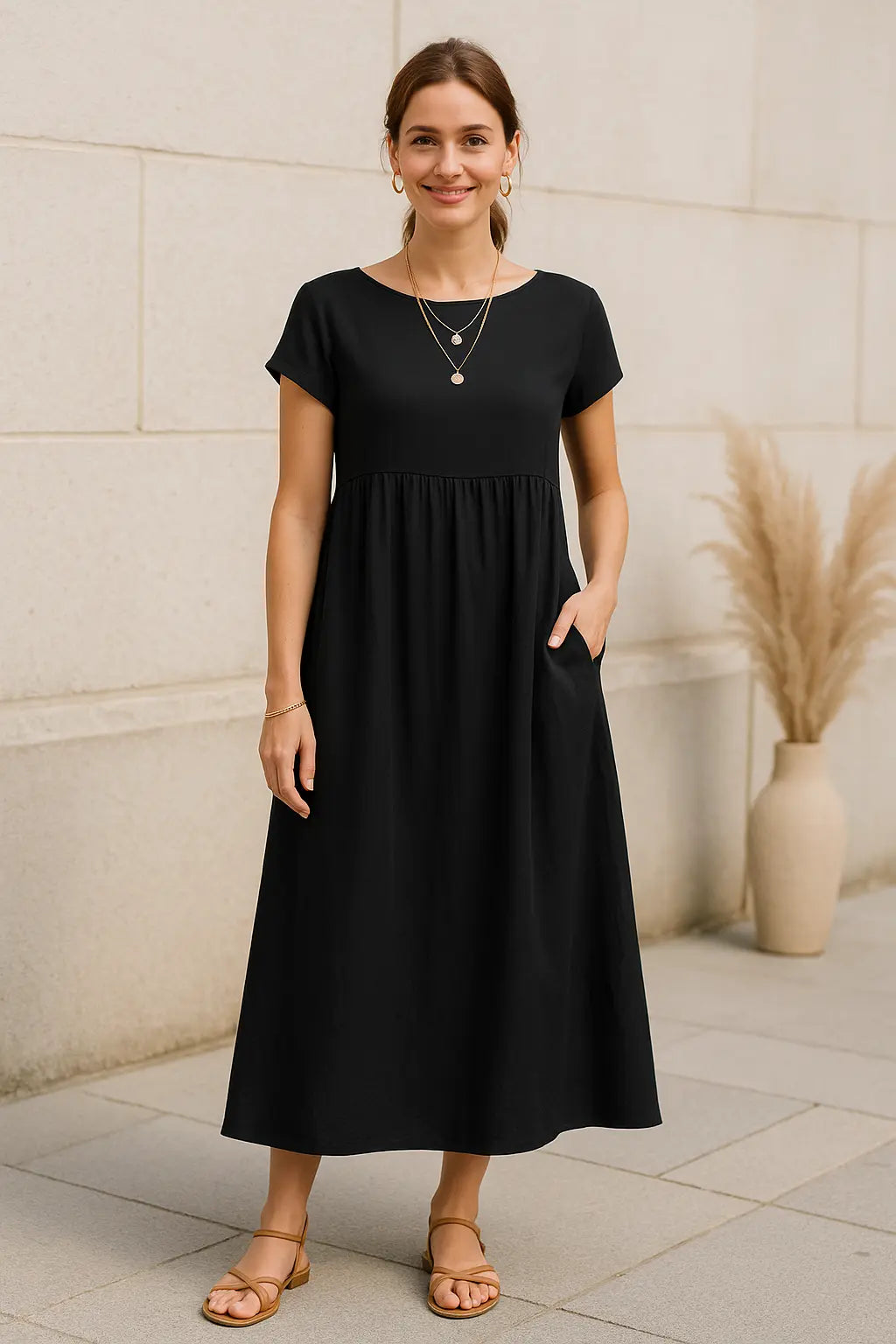 Dames Maxi Jurk, Elegante Korte Mouwen Zomer Lange Jurk Met Zakken | VIQA VIQA© NEDERLAND