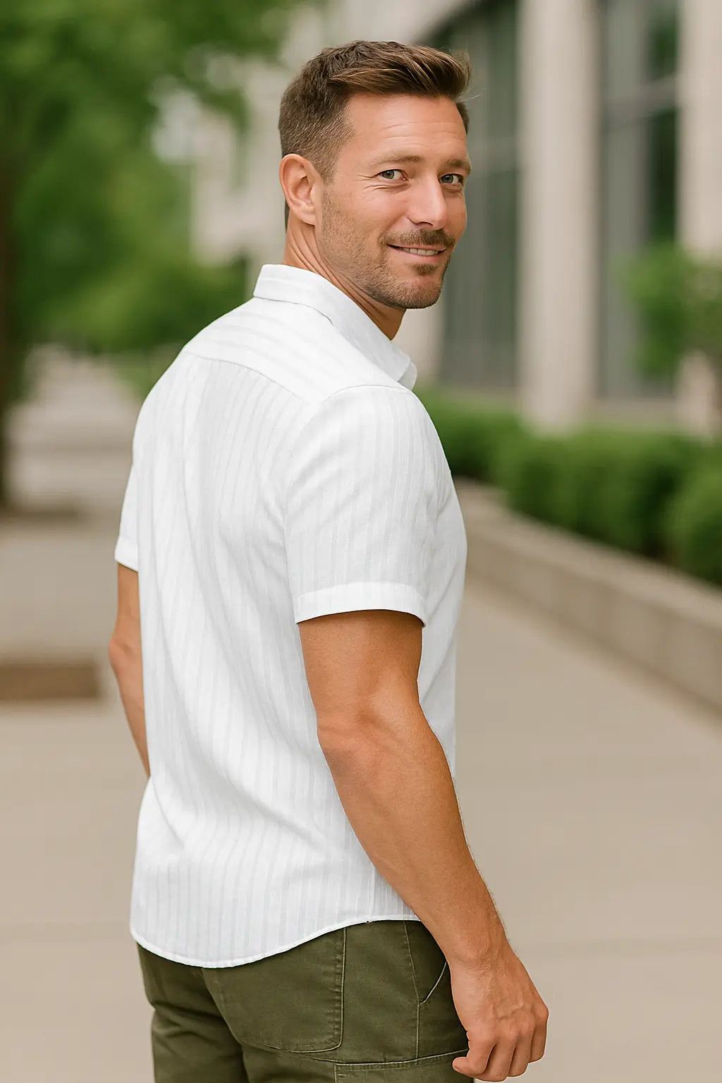 Heren Linnen Shirt, Zomerse Gestreepte Jacquard Met Korte Mouwen, Casual Effen Kleur, Comfortabele Pasvorm | VIQA VIQA© NEDERLAND