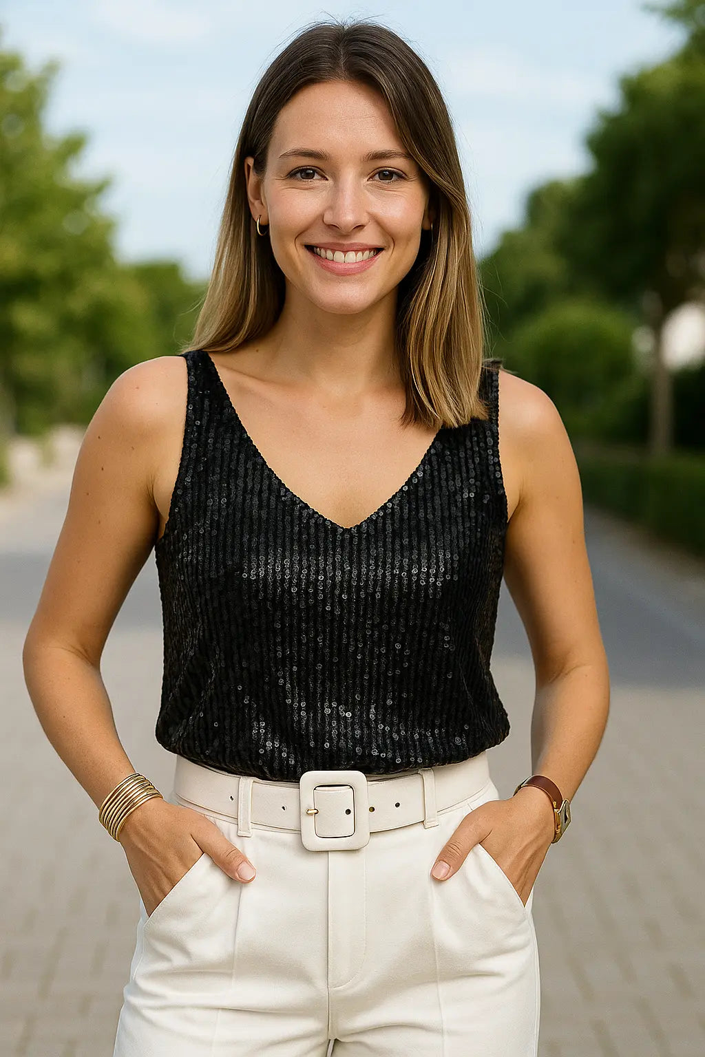 Dames Blouse Met Lovertjes, Mouwloos V-Hals Fonkelende Feesthemd, Sexy Top | VIQA VIQA© NEDERLAND