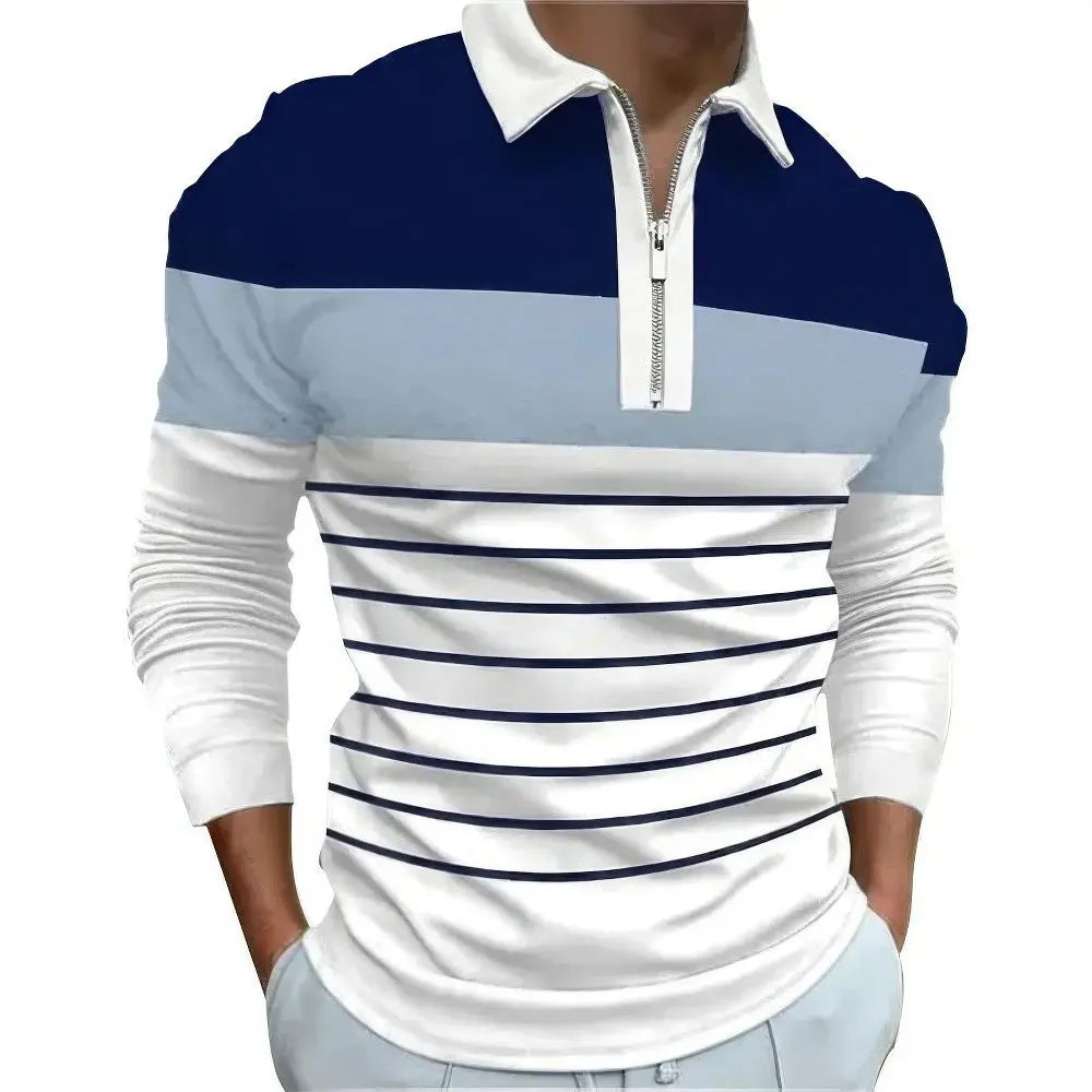 Heren Polo Lange Mouw Casual Shirt VIQA© NEDERLANDWit-Met-Blauwe-Strepen-Stijl-1-5XL