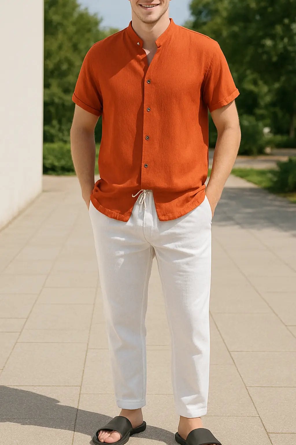 Heren Zomer Tweedelige Set, Katoen-Linnen Shirt Met V-hals En Lange Mouwen En Broek Met Trekkoord, Casual Outfit | VIQA VIQA© NEDERLANDOranje-2XL