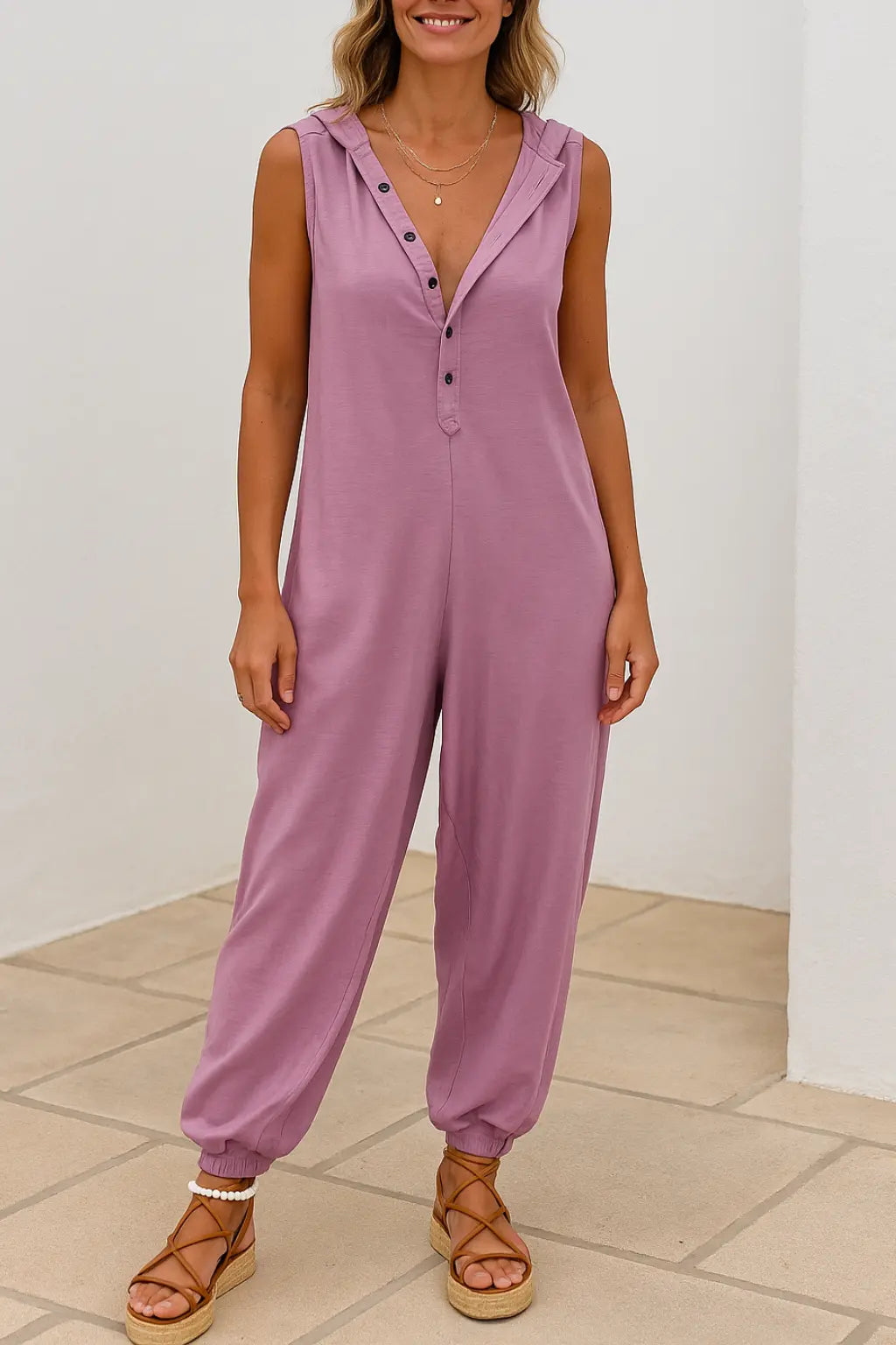 Mouwloze Jumpsuit Met Capuchon, Losjes Vallende Baggy Broek Met Knopen En Zakken, Zomers Vrijetijdspak | VIQA VIQA© NEDERLANDPaars / 2XL