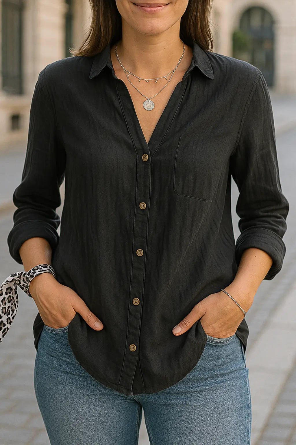 Dames Knoop Down Blouse, Lange Mouw Geplooid Shirt Met Zakken, Zomer Casual Top | VIQA VIQA© NEDERLANDZwart / 2XL
