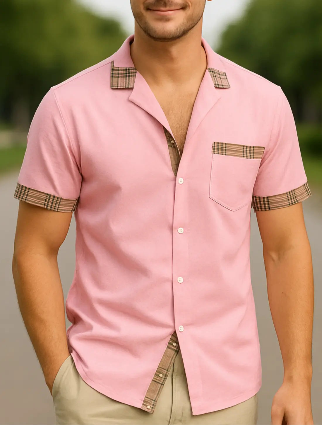 Heren Casual Zomer Shirt, Lichtgewicht Ademend Kap Top, Los Fit Met Zak | VIQA VIQA© NEDERLANDRoze-2XL