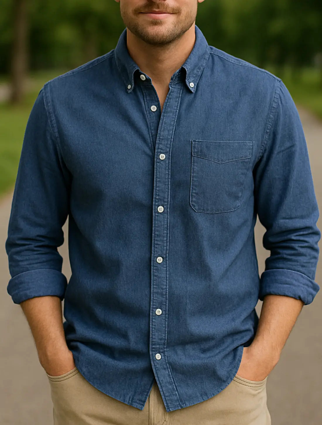 Heren Overhemd Met Lange Mouwen En Kapsel, Effen Kleur Knop-Omhoog Casual Kantoor Vest Stijl Top | VIQA VIQA© NEDERLANDBlauw / 2XL