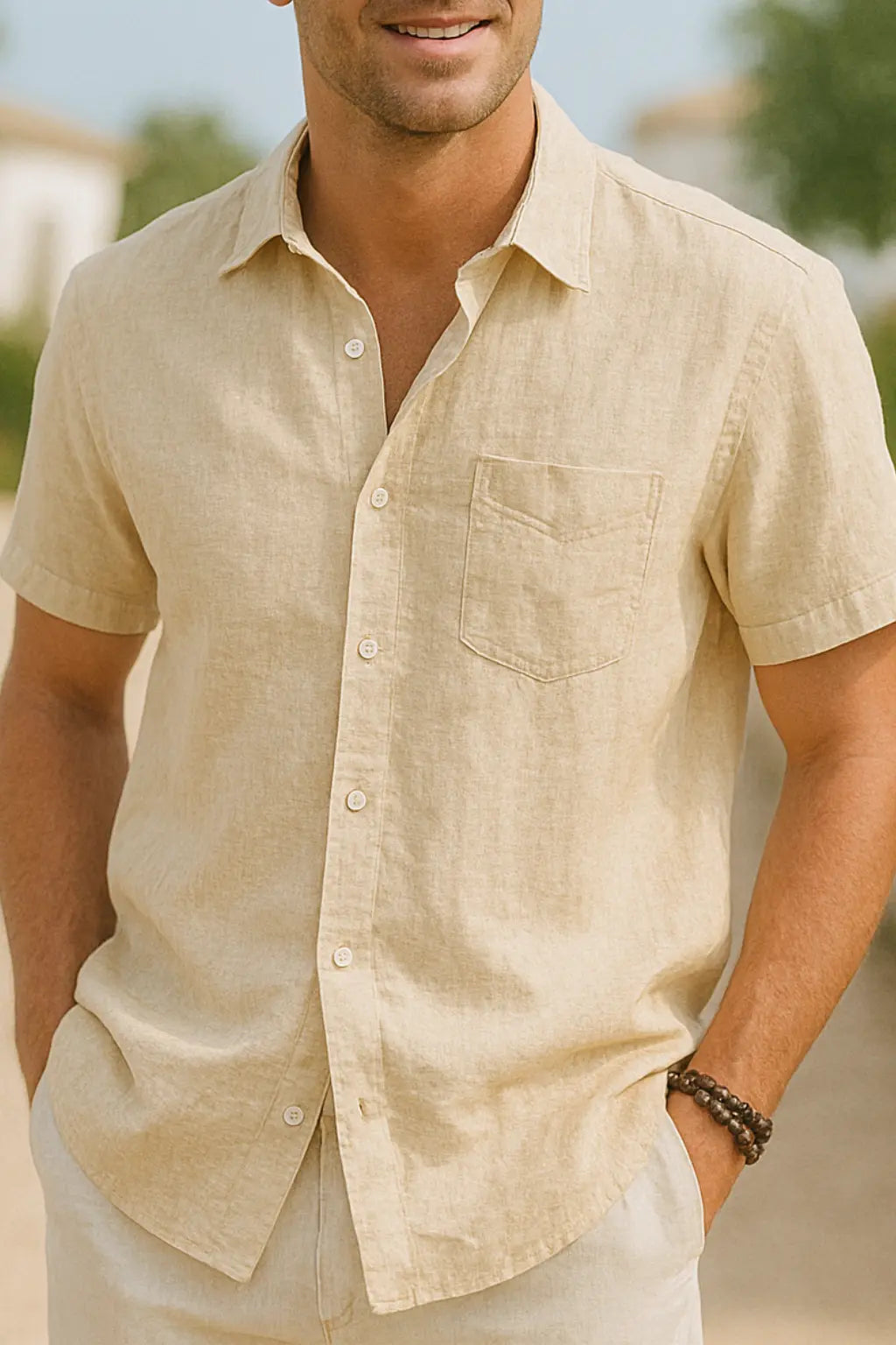 Heren Katoen Korte Mouw Shirt, Zomer Casual Effen Kleur Top | VIQA VIQA© NEDERLANDBeige / 2XL