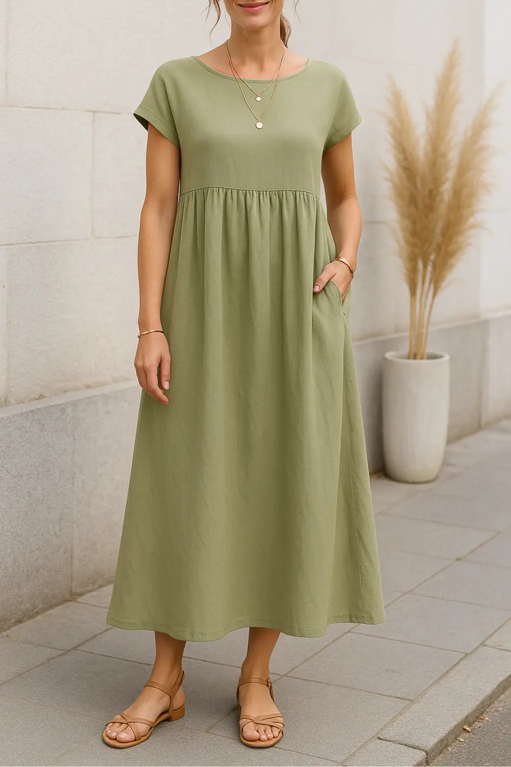 Dames Maxi Jurk, Elegante Korte Mouwen Zomer Lange Jurk Met Zakken | VIQA VIQA© NEDERLANDGroen / 2XL