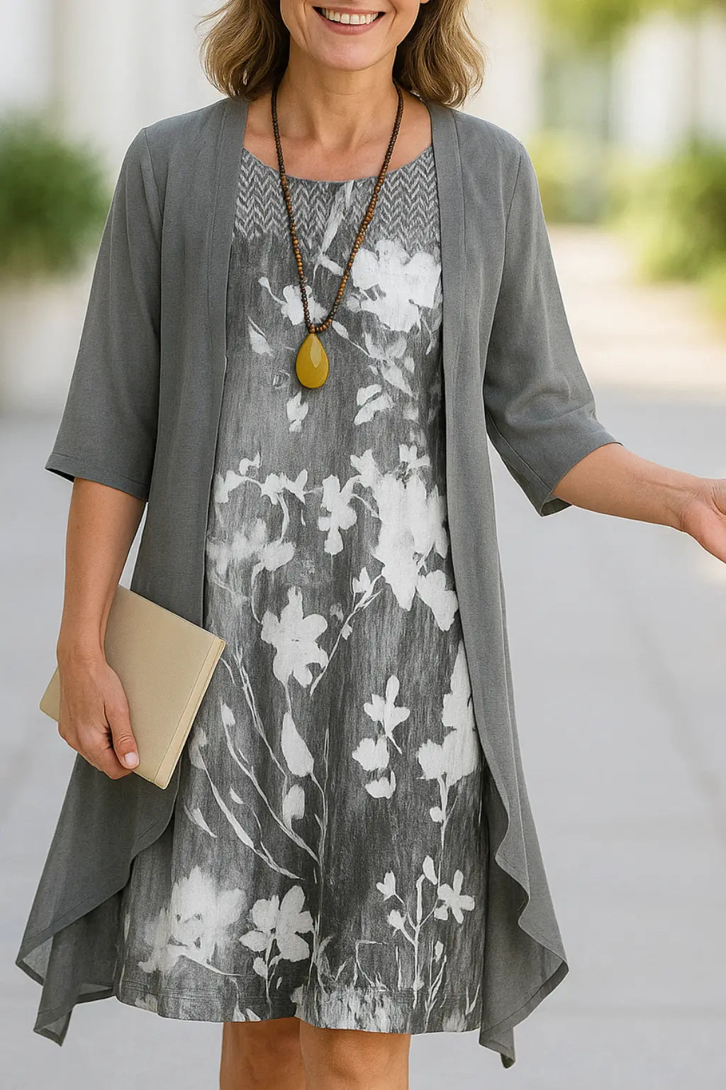 Dames Tweedelige Zomer Set, Losse Pasvorm Gedrukte Midi Jurk Met Lange Mouwen, Multikleur Outfit | VIQA VIQA© NEDERLANDGrijs / 2XL