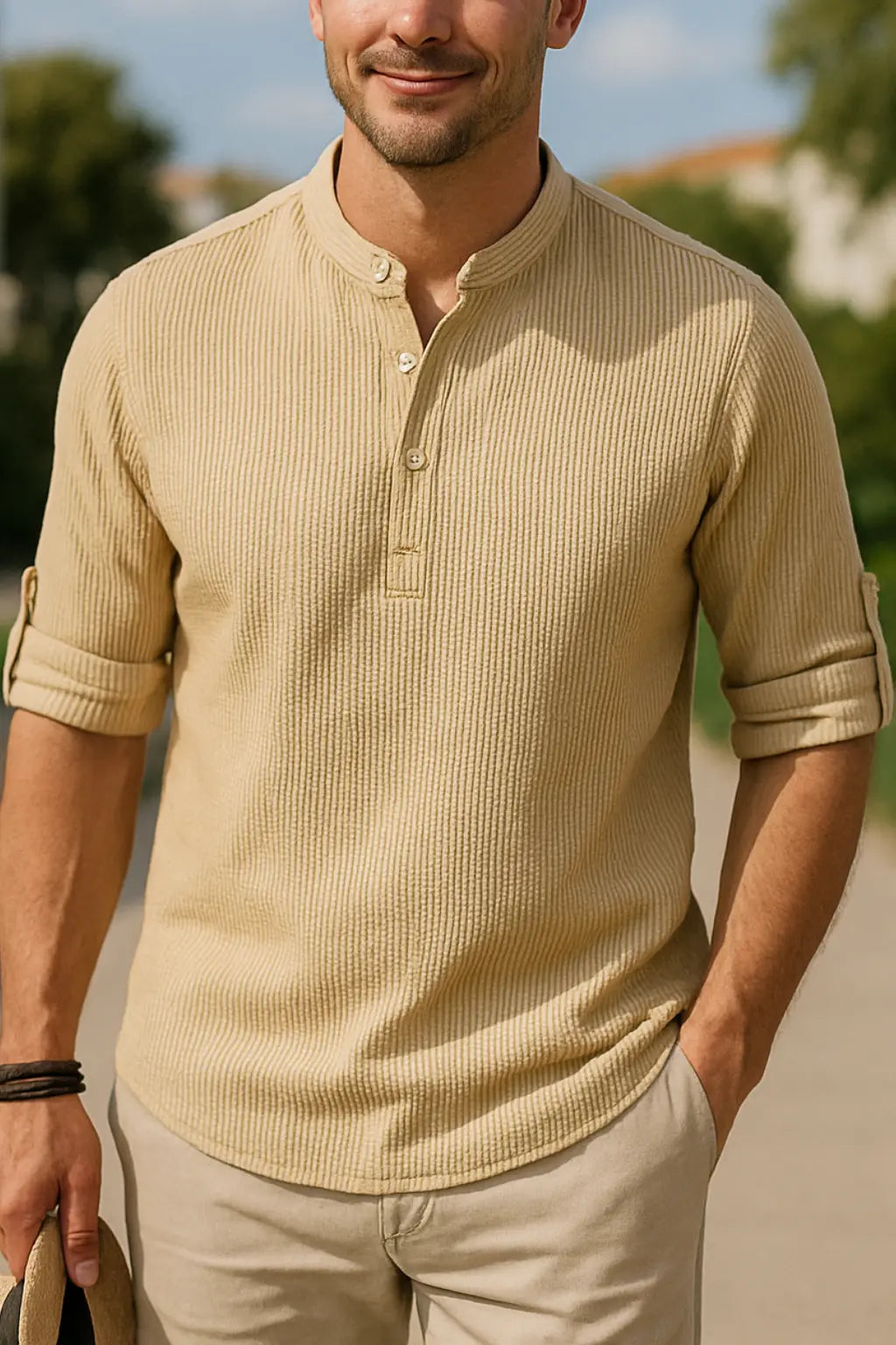 Heren Casual Shirt Met Lange Mouwen, Opstaande Kraag, Knoopsluiting En Halfopen Print | VIQA VIQA© NEDERLANDKaki-2XL