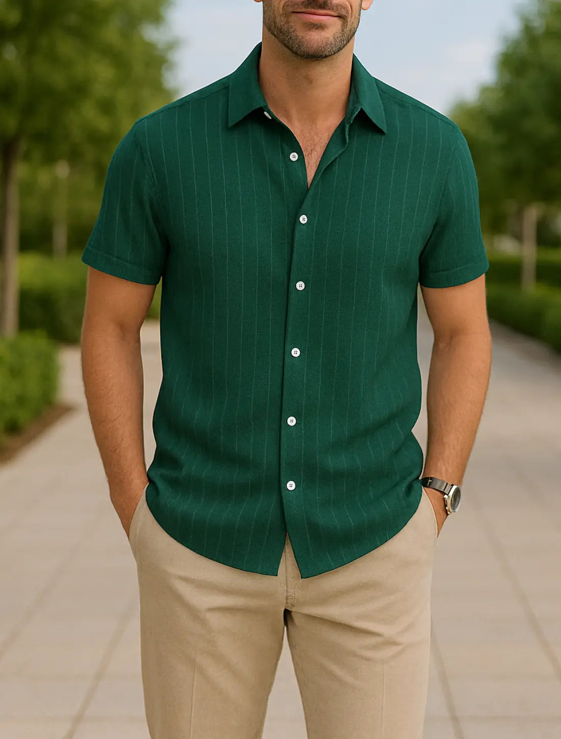 Heren Gestreept Shirt, Korte Mouwen, Losse Pasvorm, Casual Veelkleurige Zomertop | VIQA VIQA© NEDERLANDGroen-2XL