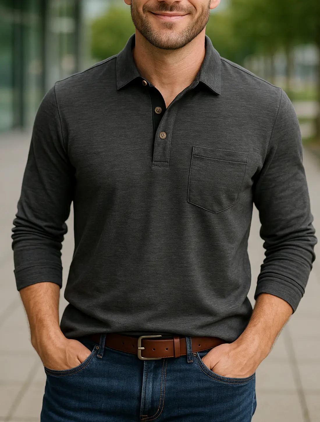 Heren Poloshirt Met Lange Mouwen, Zakelijk Casual T-Shirt Met Revers En Zak, Zacht Katoenen Top | VIQA VIQA© NEDERLANDDonkergrijs / 2XL