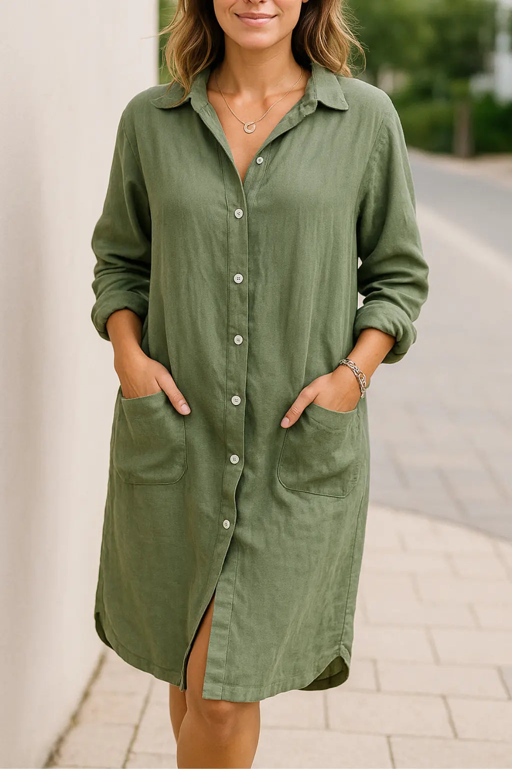 Dames Katoen Linnen Lange Overhemd Jurk, Multi-knoop Vest Top | VIQA VIQA© NEDERLANDGroen / 2XL