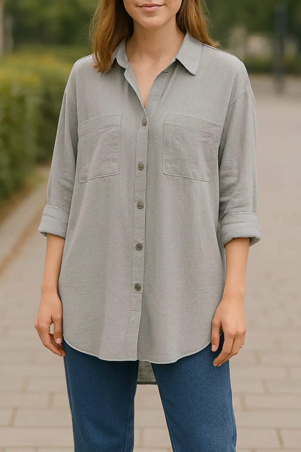 Dames Lange Mouw Shirt, Turn Down Kraag Stevige Blouse, Single Breasted Mid Lengte Top | VIQA VIQA© NEDERLANDGrijs / 2XL