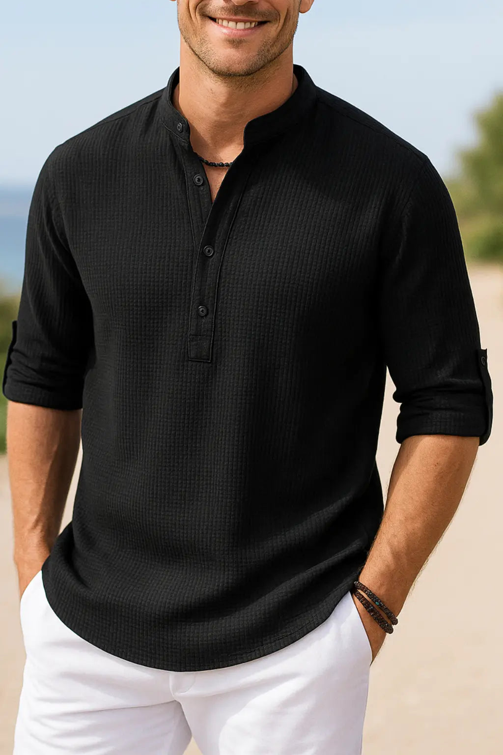 Heren Katoenen Linnen Overhemd, Lange Mouwen Effen Kleur Casual Strand Top Met Staande Kraag | VIQA VIQA© NEDERLANDZwart / 2XL