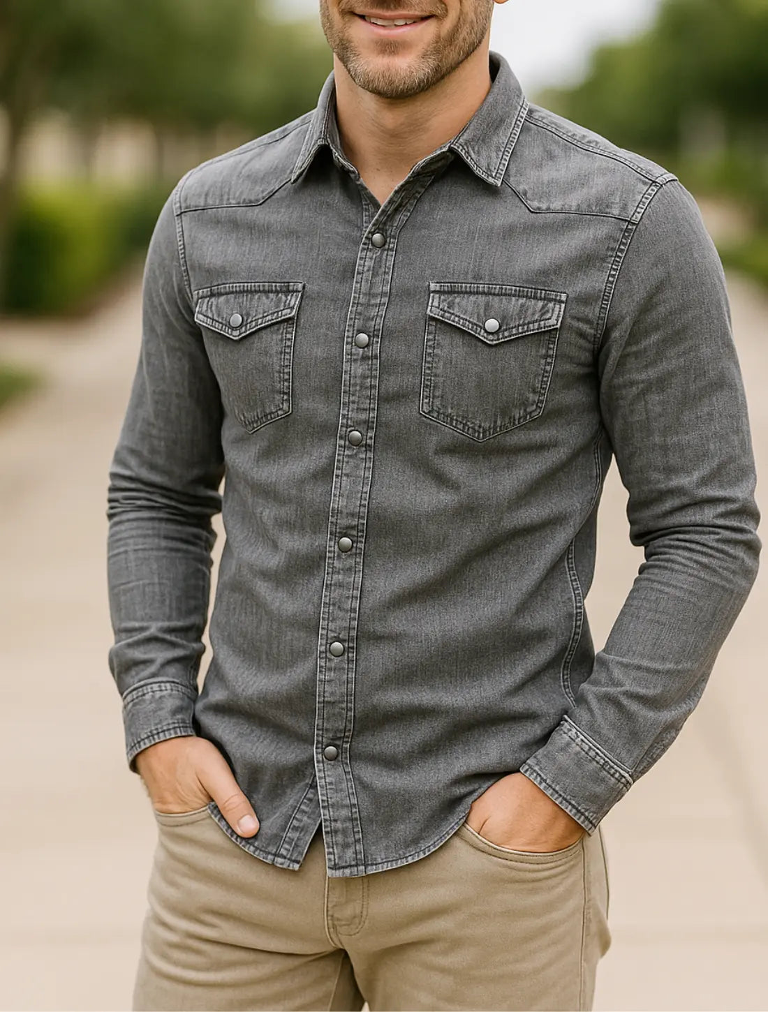 Heren Denim Shirt, Vintage Slim Fit Lange Mouwen Knoop Omhoog, Casual Kapel Top | VIQA VIQA© NEDERLANDGrijs-2XL