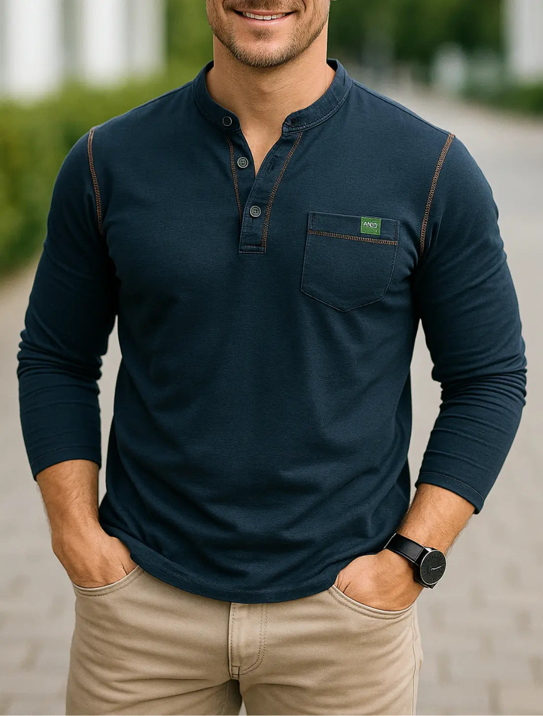 Heren Henley Shirt Met Lange Mouw, Katoenen Pullover T-shirt Met Zak, Casual Top | VIQA VIQA© NEDERLANDBlauw-2XL