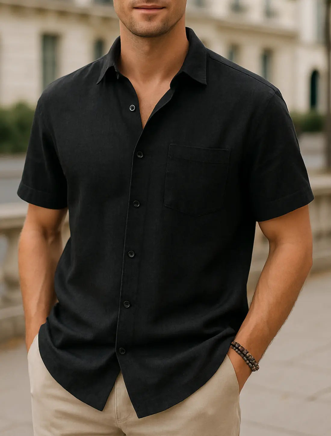 Heren Katoenen Linnen Shirt Met Korte Mouwen, Zomerse Casual Strandkleding, Effen Kleur Gedraaide Kraag | VIQA VIQA© NEDERLANDZwart / 2XL