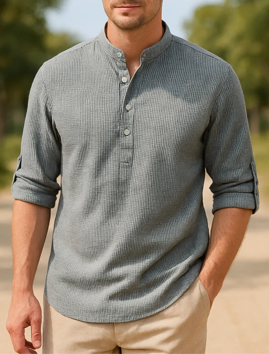 Heren Casual Shirt Met Lange Mouwen, Polka Stip Opstaande Kraag, Stijlvol En Comfortabel | VIQA VIQA© NEDERLANDGrijs-2XL