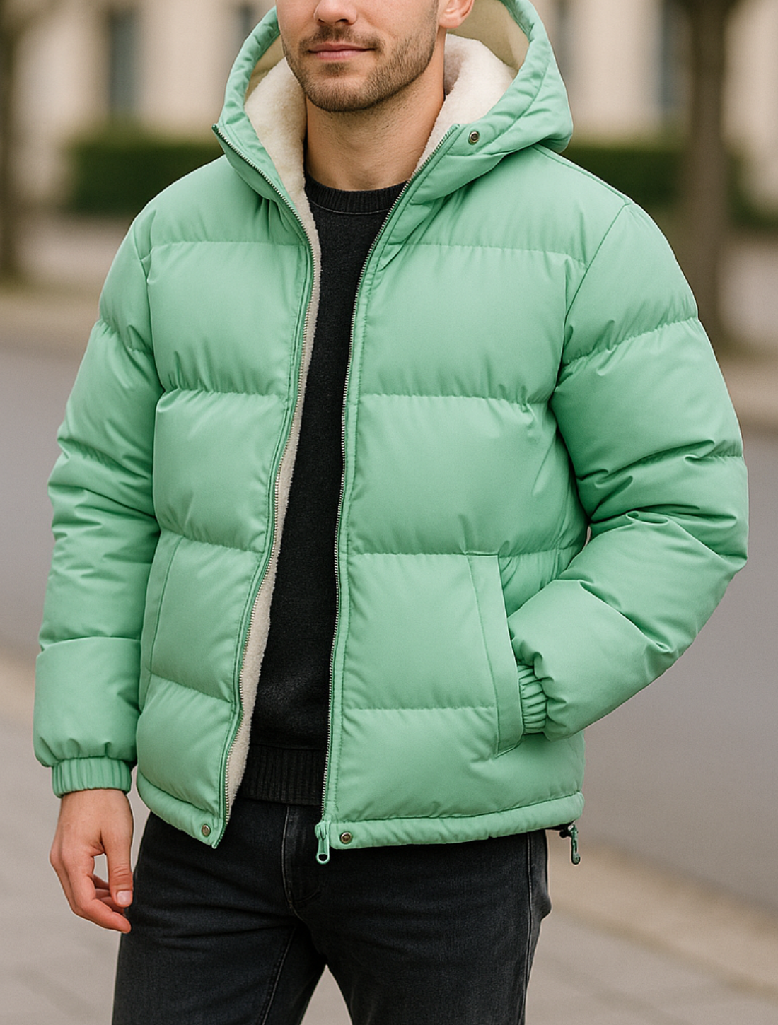 Katoenen gewatteerde herenjas met capuchon van lamswol, dik gevoerde winterjas, modieuze tweedelige stijl | VIQA VIQA© NEDERLAND