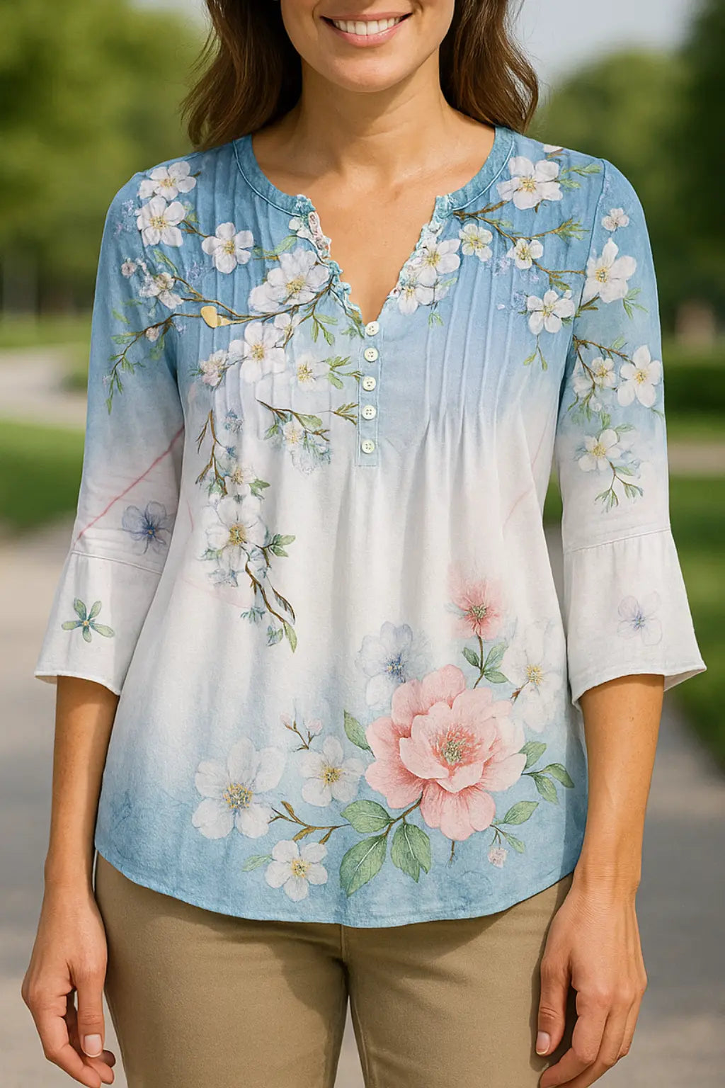 Dames Elegant Gedrukte Blouse, Casual Lange Mouwen Stijlvol Overhemd Top | VIQA VIQA© NEDERLANDLichtblauw / 2XL