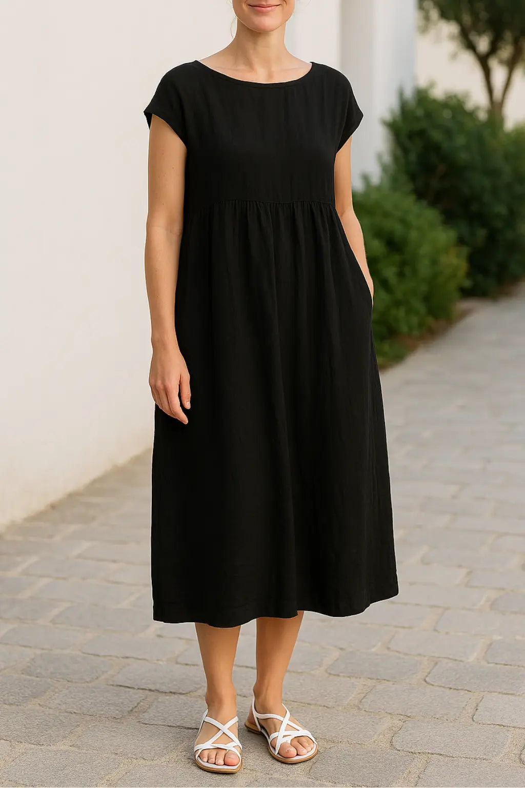 Dames Midi Jurk, Elegante Effen Kleur Met Korte Mouwen, O-Hals En Zakken | VIQA VIQA© NEDERLANDZwart / 2XL