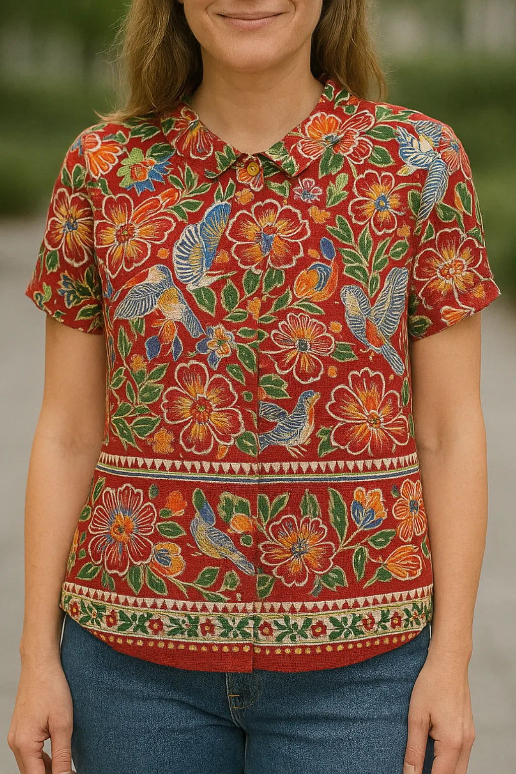 Dames Linnen Bloemen Shirt, Lichtgewicht Korte Mouw Kap Blouse Met Print, Casual Top | VIQA VIQA© NEDERLANDRood / 2XL