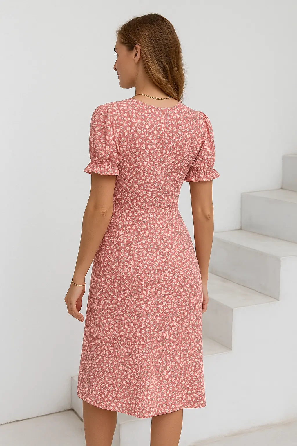 Dames Midi Jurk Met Bloemenprint, Elegante Zomerjurk Met V-Hals, Pofmouwen, Plooien En Knopen | VIQA VIQA© NEDERLAND