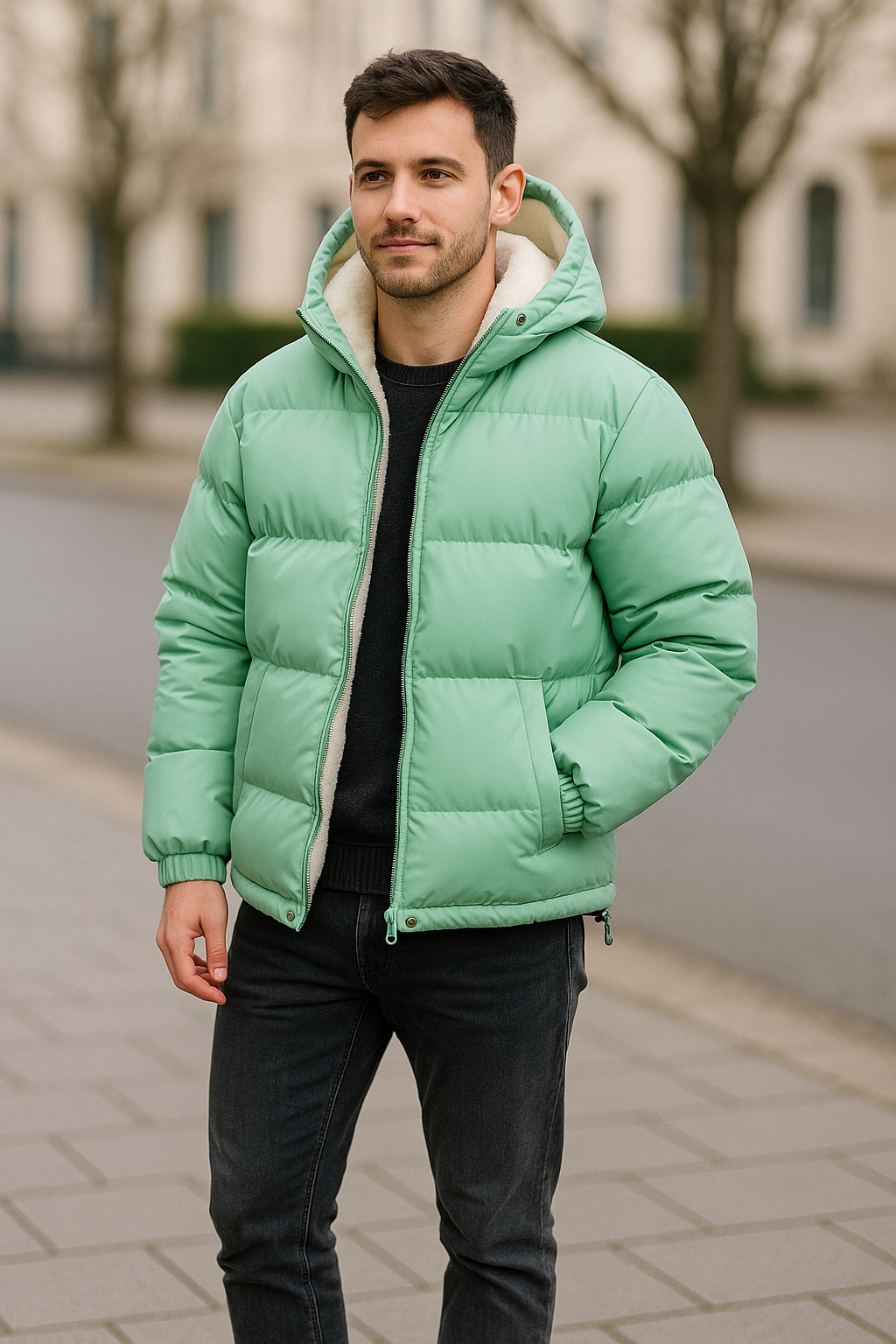 Katoenen gewatteerde herenjas met capuchon van lamswol, dik gevoerde winterjas, modieuze tweedelige stijl | VIQA VIQA© NEDERLAND