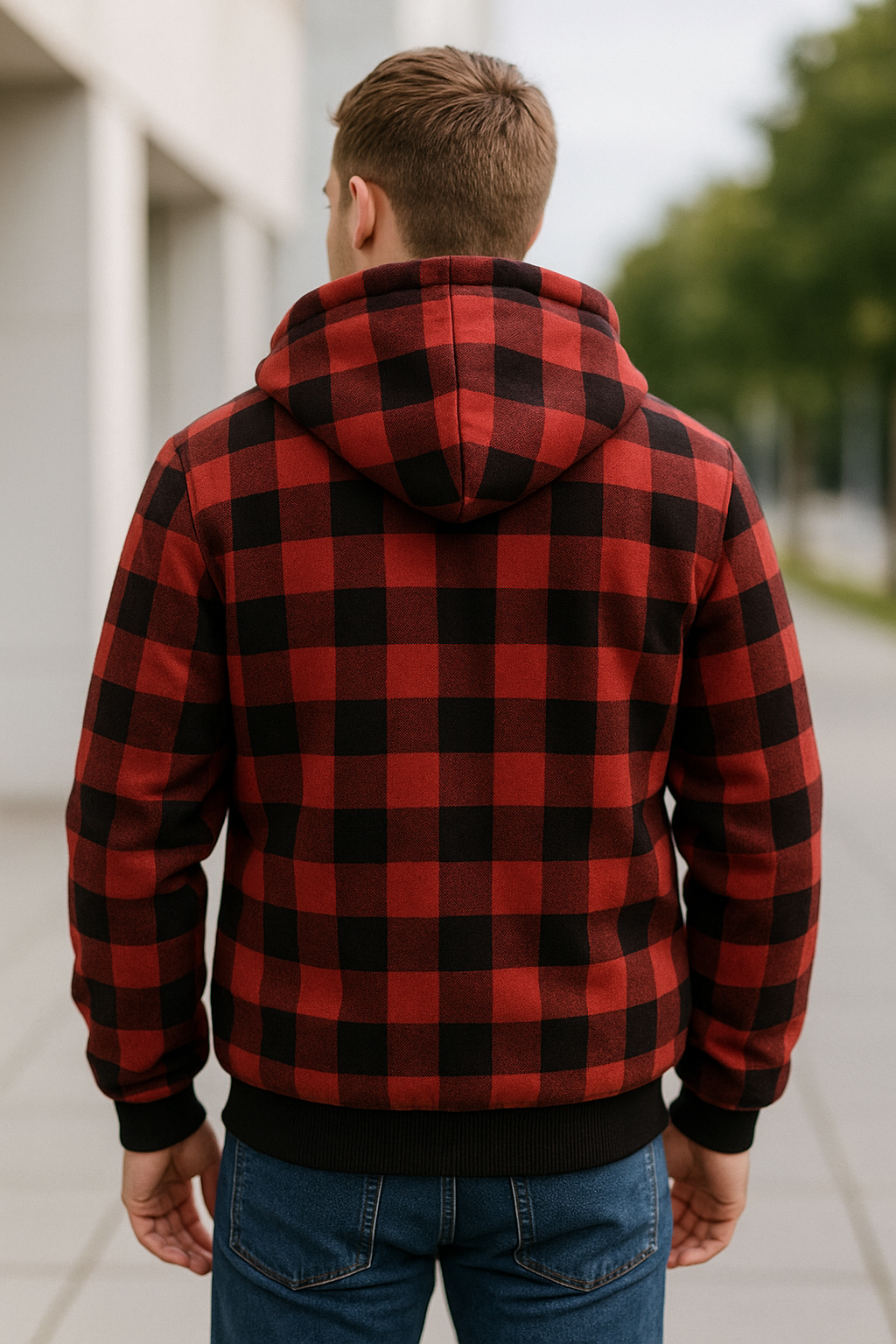 Herenvest met capuchon van lamswol, geruit fleece Zip-Up winters warm jack bovenkleding VIQA VIQA© NEDERLAND