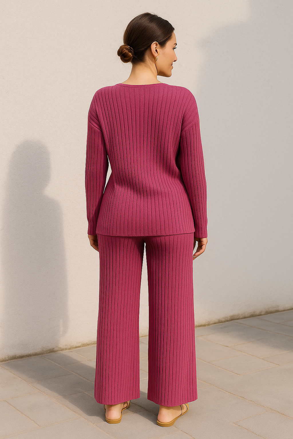 Dames Tweedelige Set, V-hals Geribde Loungewear Met Broek, Herfst Casual Effen Outfit | VIQA VIQA© NEDERLAND