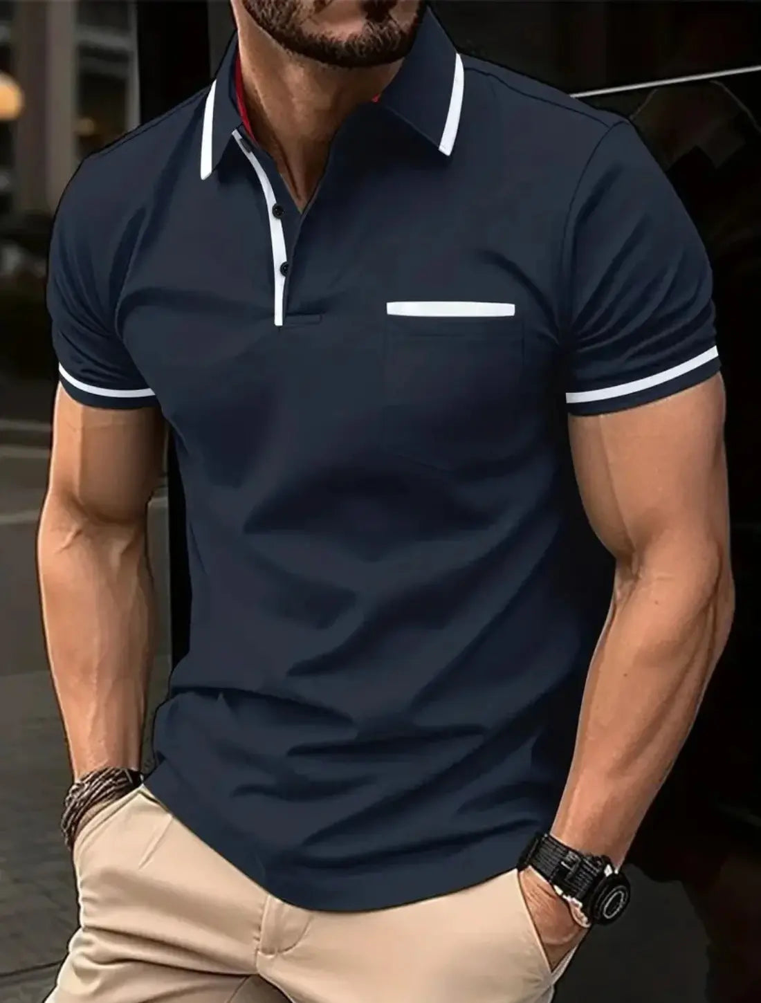 Heren Elegant Polo Shirt Met Zakken En Korte Mouwen VIQA© NEDERLANDDonkerblauw-2XL