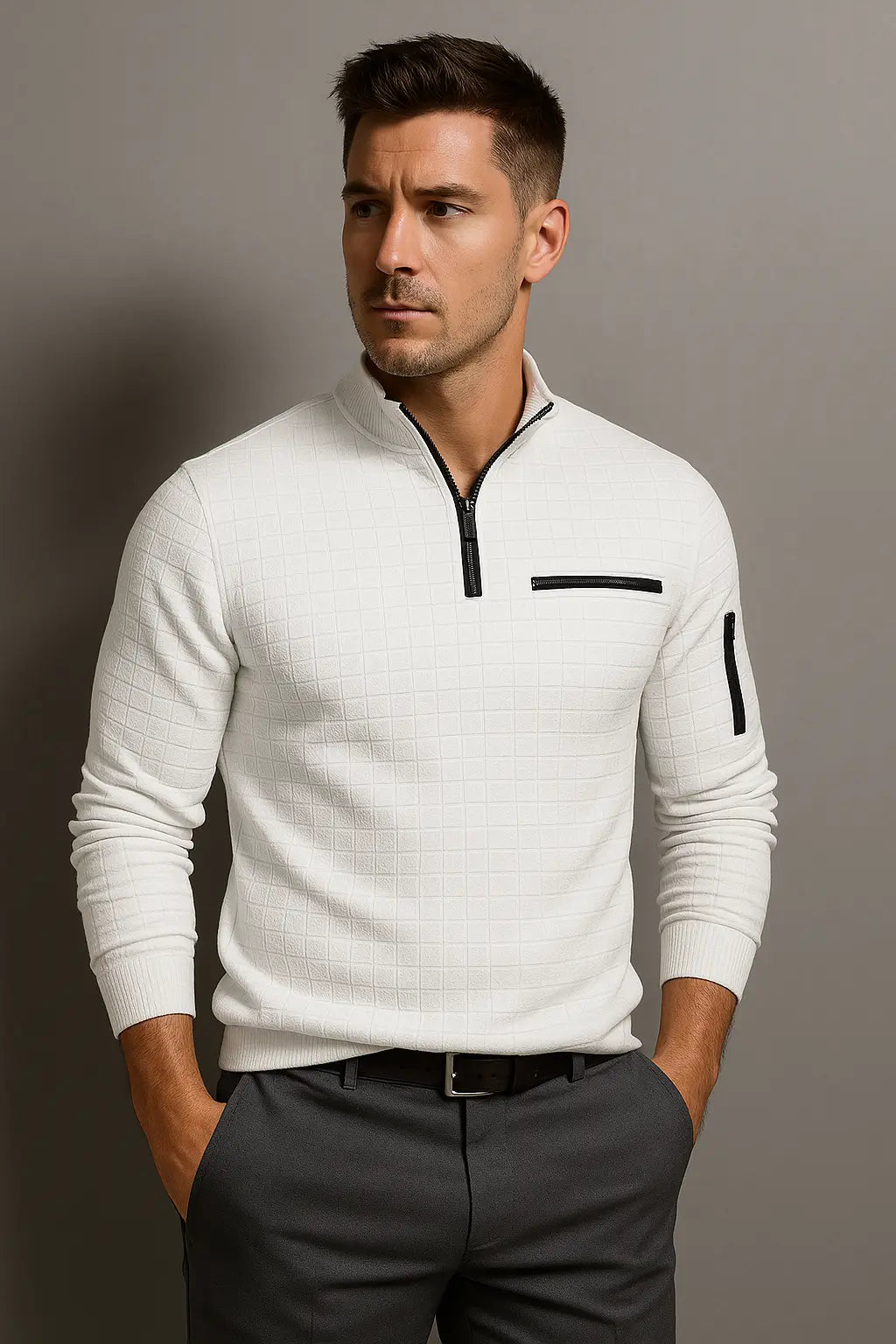 Caden Kwart Rits Heren Trui Met Lange Mouwen VIQA© NEDERLANDWit-2XL