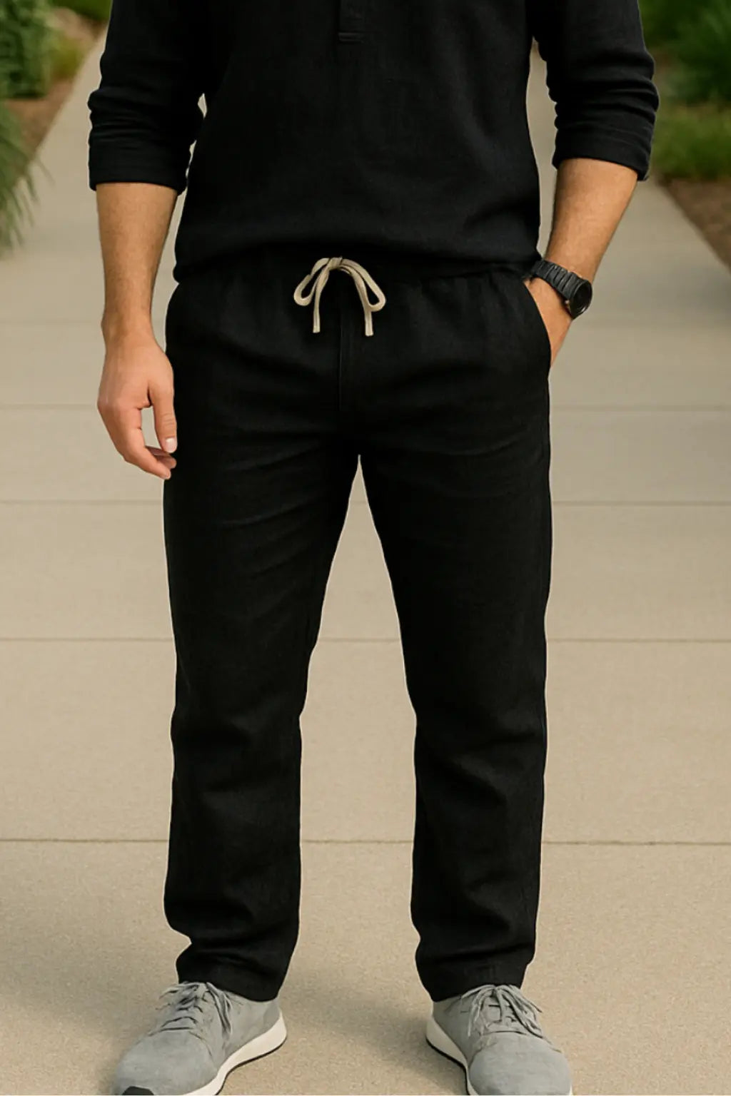 Linnen Herenbroek, Zomerse Ademende Casual Broek, Effen Kleur, Elastische Taille VIQA VIQA© NEDERLANDZwart / 2XL