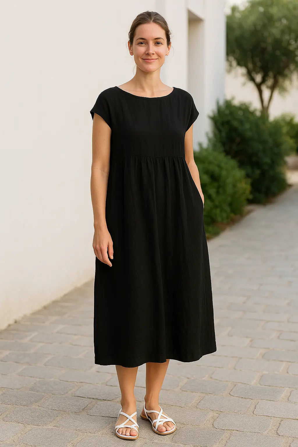 Dames Midi Jurk, Elegante Effen Kleur Met Korte Mouwen, O-Hals En Zakken | VIQA VIQA© NEDERLAND