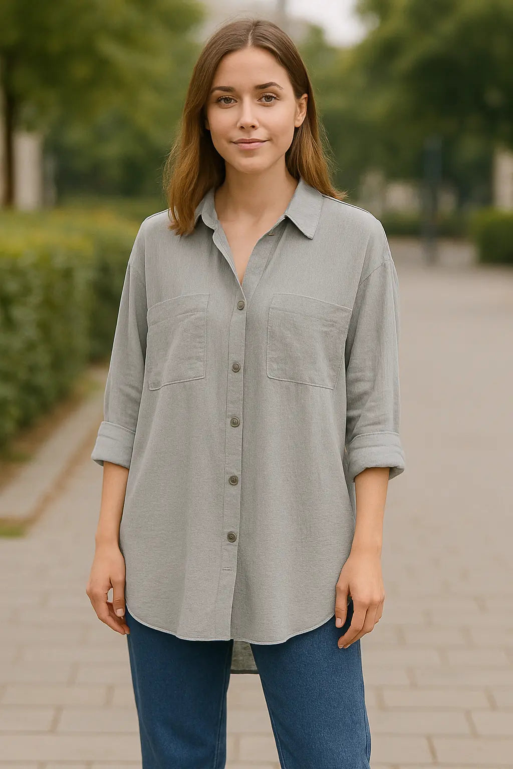 Dames Lange Mouw Shirt, Turn Down Kraag Stevige Blouse, Single Breasted Mid Lengte Top | VIQA VIQA© NEDERLAND