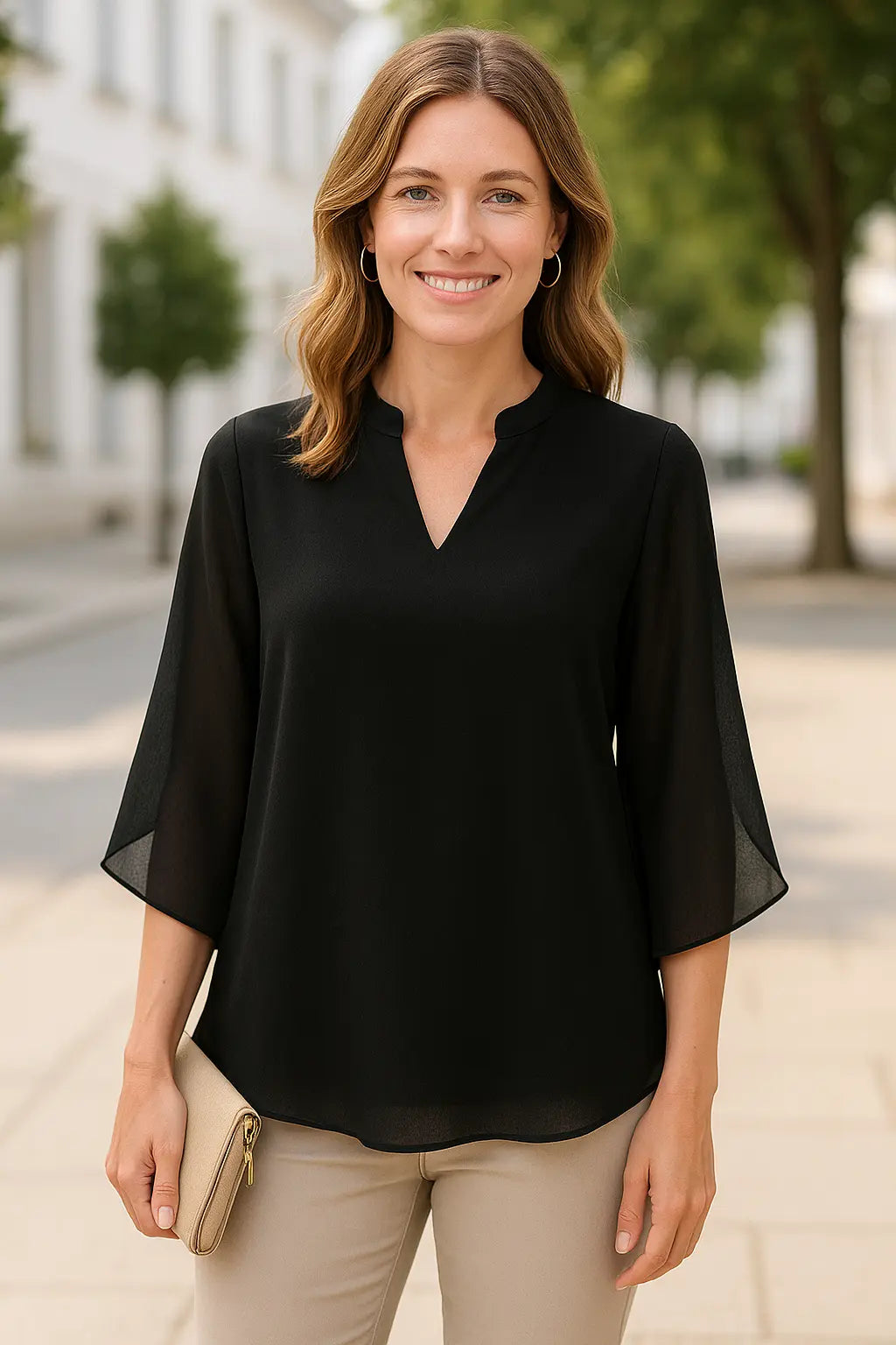 Dames Elegante Chiffon Blouse, V-Hals 3/4 Mouwen Zomer Top, Los Pasvorm Pullover Shirt | VIQA VIQA© NEDERLAND