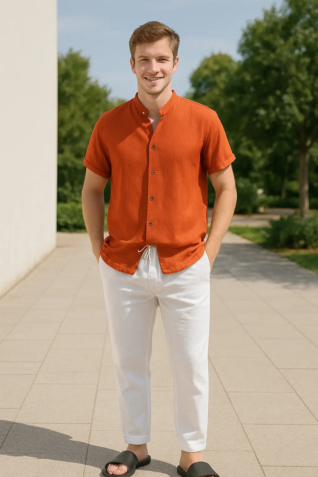 Heren Zomer Tweedelige Set, Katoen-Linnen Shirt Met V-hals En Lange Mouwen En Broek Met Trekkoord, Casual Outfit | VIQA VIQA© NEDERLAND