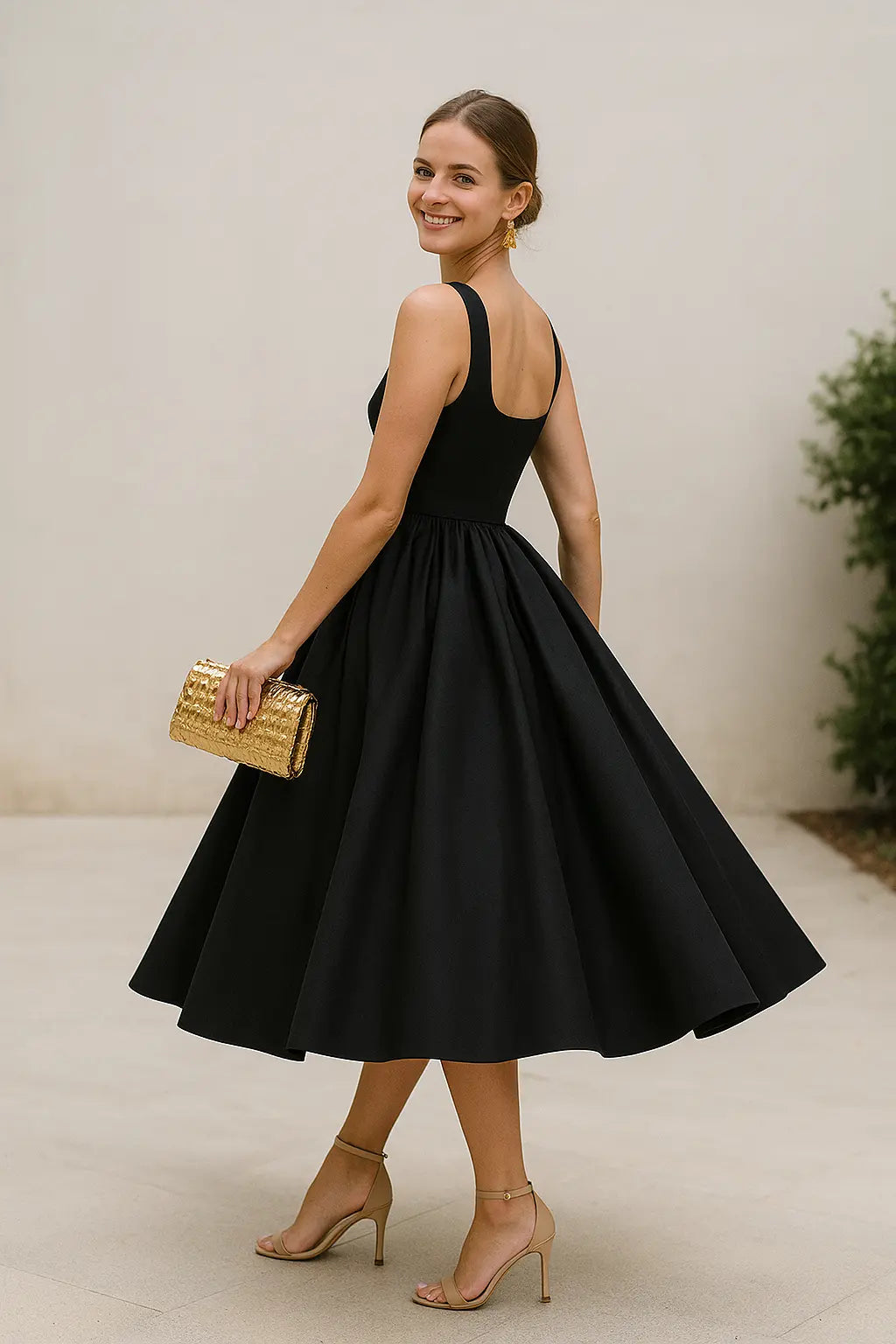 Dames Midi Jurk, Elegante Off-Shoulder Vierkante Hals Hoge Taille Partij Coctail Jurk | VIQA VIQA© NEDERLAND