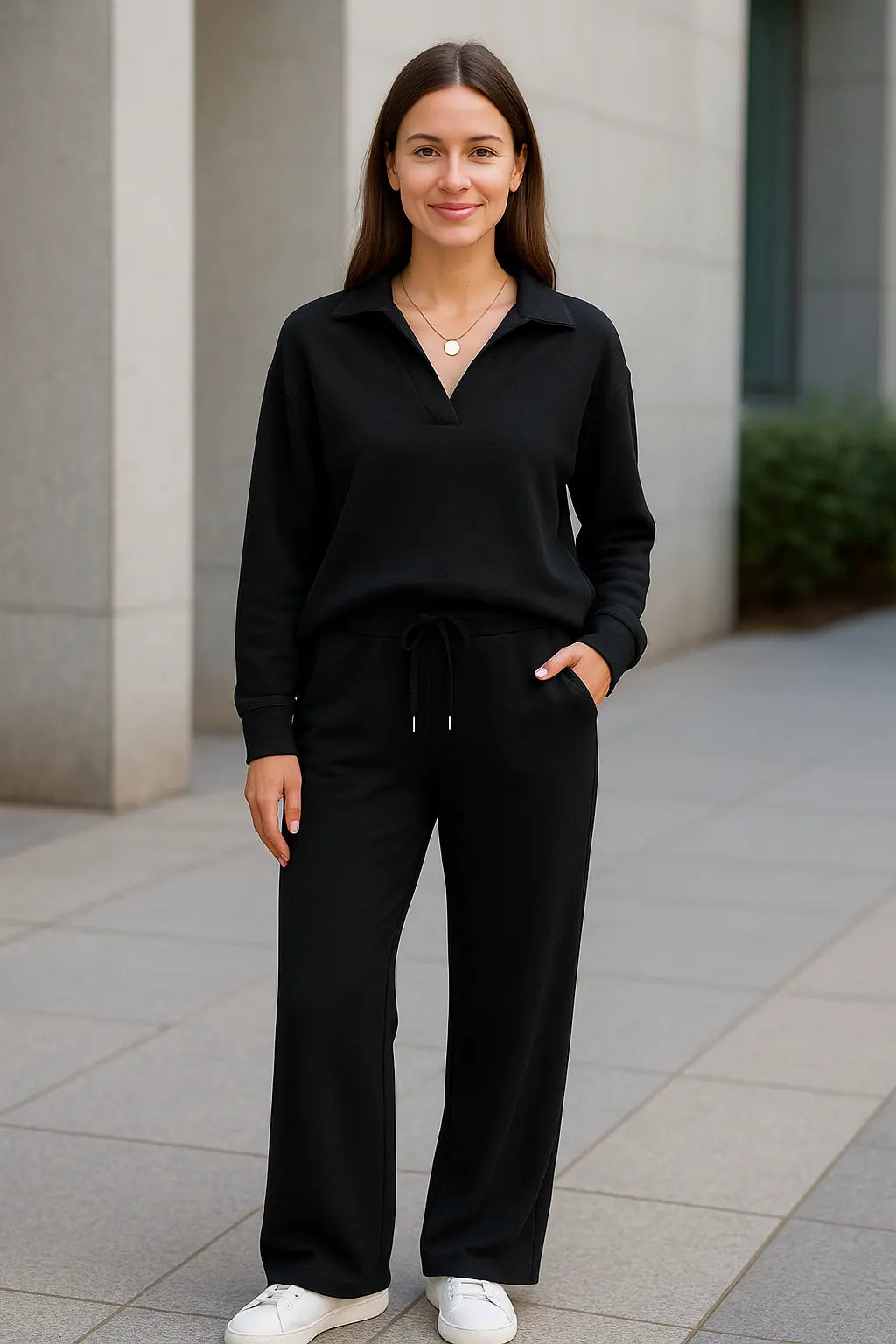 Tweedelige Set Voor Dames, Top Met V-Hals En Lange Mouwen, Elastische Tailleband Met Trekkoord En Wijde Broek Met Elastische Tailleband | VIQA VIQA© NEDERLAND