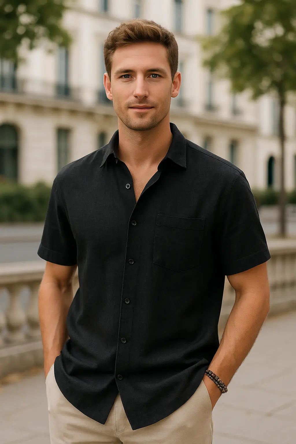 Heren Katoenen Linnen Shirt Met Korte Mouwen, Zomerse Casual Strandkleding, Effen Kleur Gedraaide Kraag | VIQA VIQA© NEDERLAND