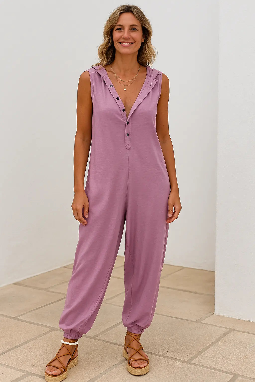 Mouwloze Jumpsuit Met Capuchon, Losjes Vallende Baggy Broek Met Knopen En Zakken, Zomers Vrijetijdspak | VIQA VIQA© NEDERLAND