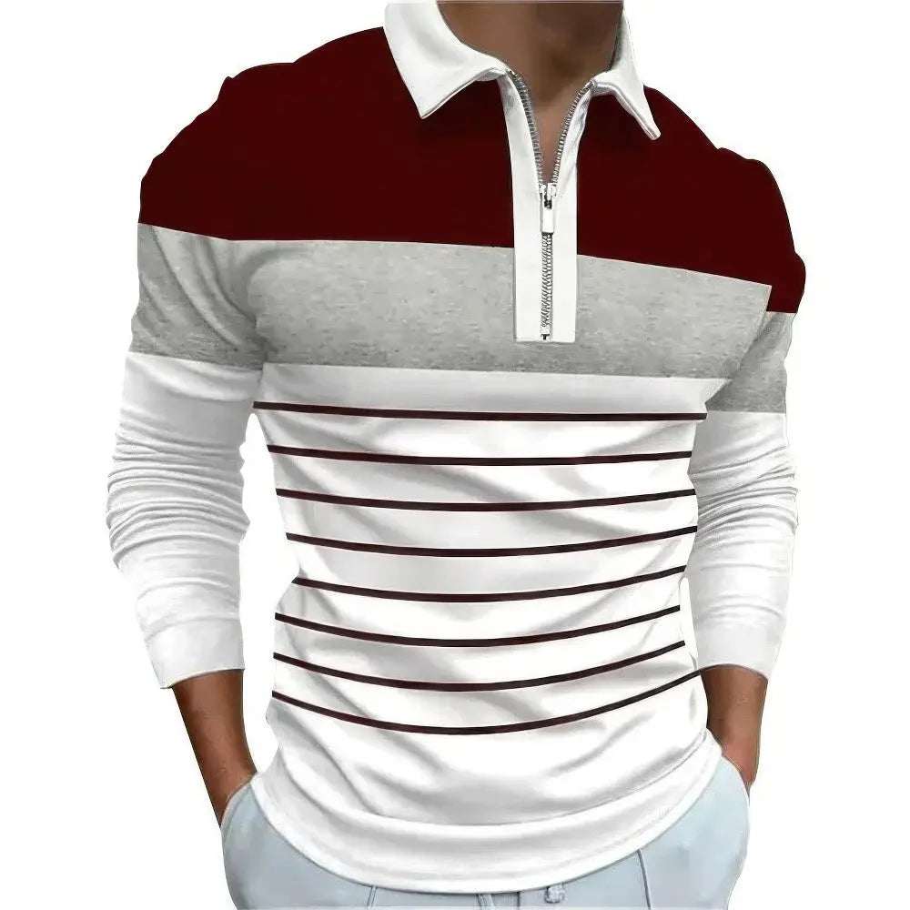 Heren Polo Lange Mouw Casual Shirt VIQA© NEDERLANDWit-Met-Bruine-Strepen-Stijl-1-5XL